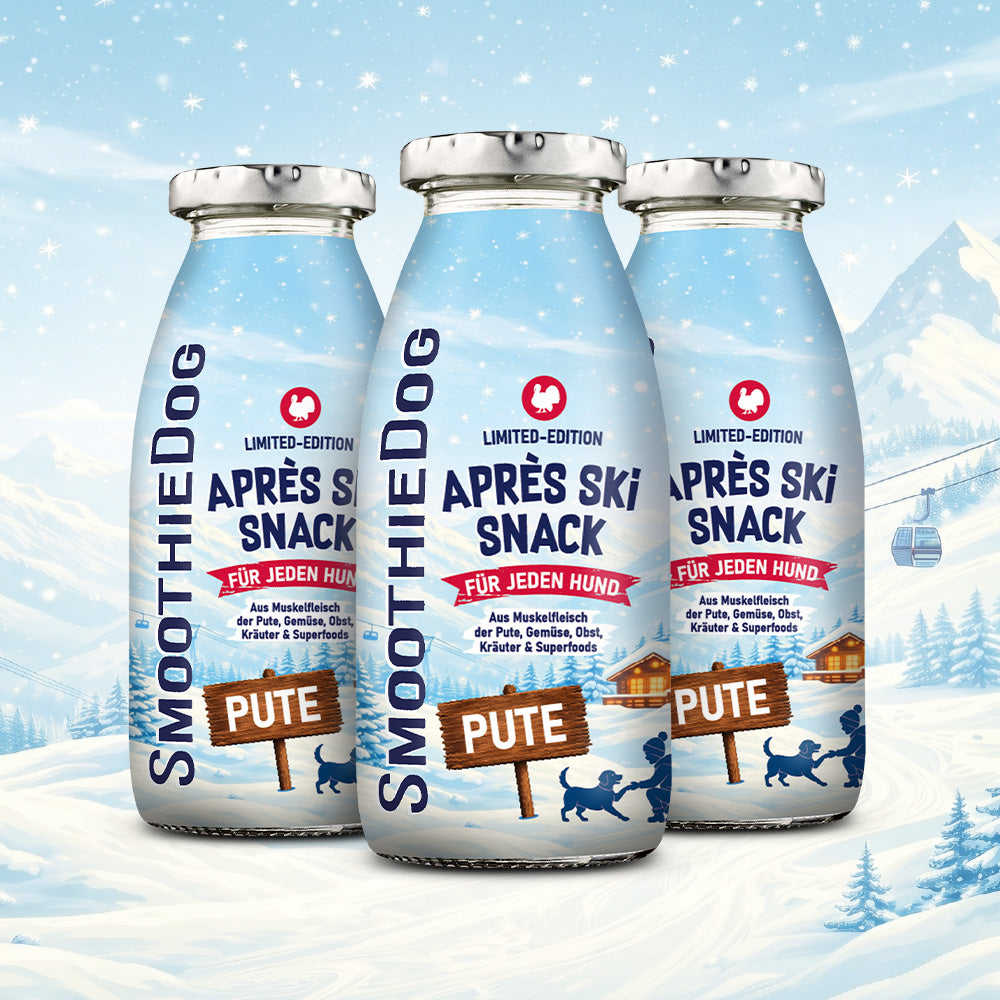 Drei Flaschen SmoothieDog Hundesmoothie Winter Edition Pute 2026 vor einer verschneiten Berglandschaft mit Schneeflocken und Skilift. Erhältlich als 3er-Pack (3x 250ml.), 6er-Pack (6x 250ml.) und 12er-Pack (12x 250ml.).
