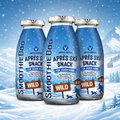 Drei Flaschen SmoothieDog Hundesmoothie Winter Edition Wild 2026 vor einer verschneiten Berglandschaft. Die Limited Edition ist erhältlich als 3er-Pack (3x 250ml.), 6er-Pack (6x 250ml.) und 12er-Pack (12x 250ml.).
