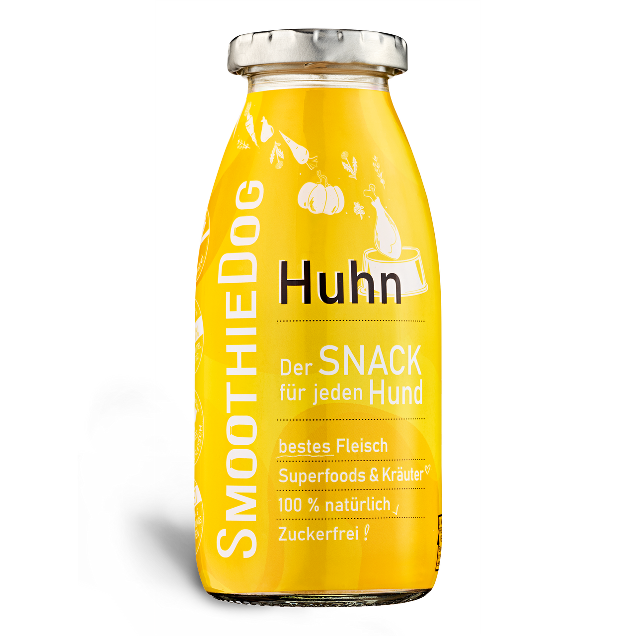 SmoothieDog Huhn 250ml: Gelbe Flasche mit Futternapf-Symbol – saftiger Hundesmoothie mit bestem Hühnerfleisch, Superfoods und Kräutern. 100 % natürlich, zuckerfrei – der leckere Snack für jeden Hund.