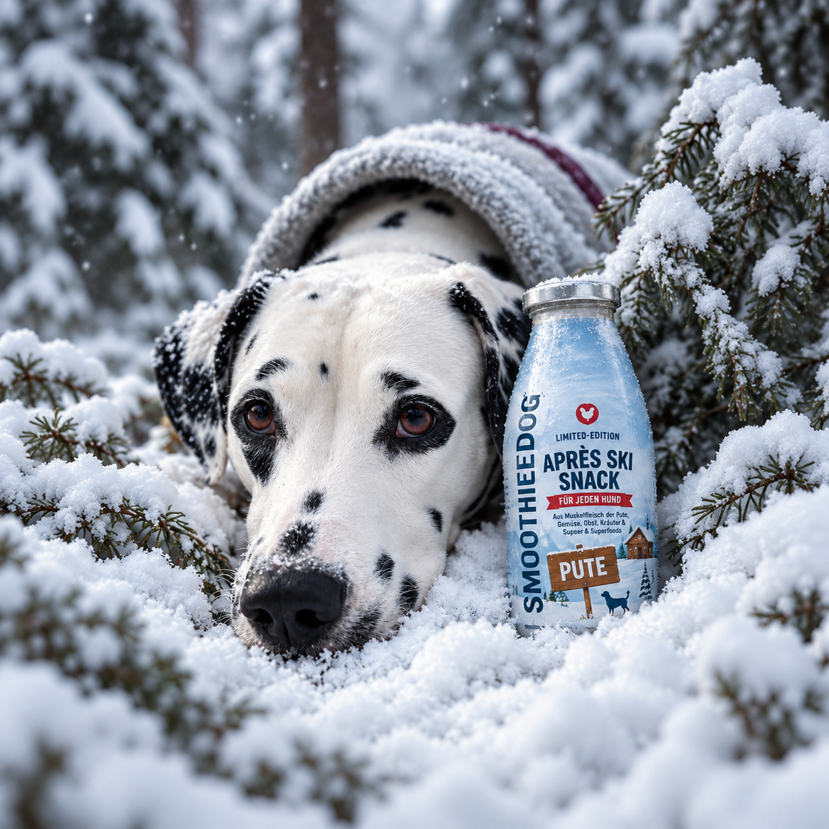 Ein Dalmatiner im Schnee mit einer Flasche SmoothieDog Hundesmoothie Winter Edition Pute 2026. Erhältlich als 3er-Pack (3x 250ml.), 6er-Pack (6x 250ml.) und 12er-Pack (12x 250ml.).