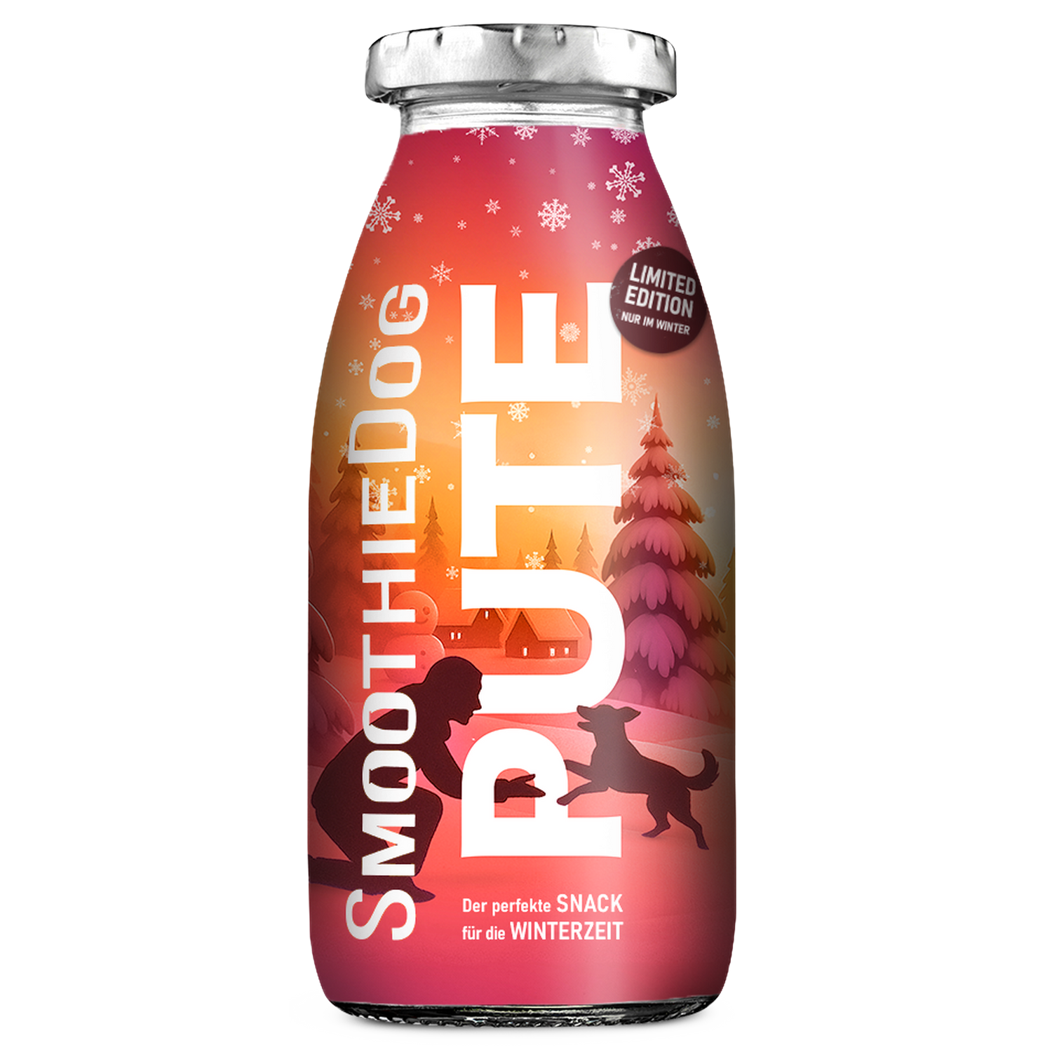SmoothieDog Winter-Edition Pute 250 ml in einer Glasflasche mit winterlichem Etikett in warmen Rot- und Orangetönen. Auf dem Motiv sind ein Hund und sein Mensch vor einer verschneiten Winterlandschaft mit Tannenbäumen und kleinen Häusern zu sehen, darüber sanft fallende Schneeflocken. Die Flasche trägt den Hinweis Limited Edition – nur im Winter und vermittelt eine gemütlich-winterliche Stimmung.