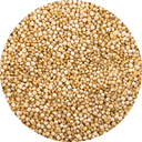 Goldgelbe Quinoa-Körner in Nahaufnahme – glutenfreies Pseudogetreide, reich an pflanzlichem Eiweiß, Mineralstoffen und Ballaststoffen. Perfekt geeignet zur schonenden Ergänzung im Hundesmoothie.