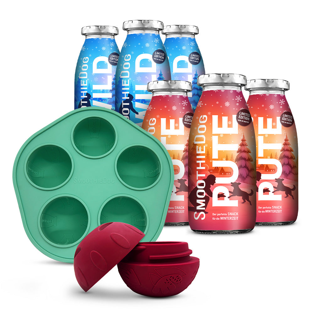Produktbild mit mehreren Flaschen der SmoothieDog Winter-Editionen Wild und Pute sowie einem SmoothieDog Schleckball.
