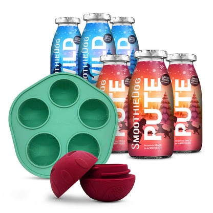 Produktbild mit mehreren Flaschen der SmoothieDog Winter-Editionen Wild und Pute sowie einem SmoothieDog Schleckball.