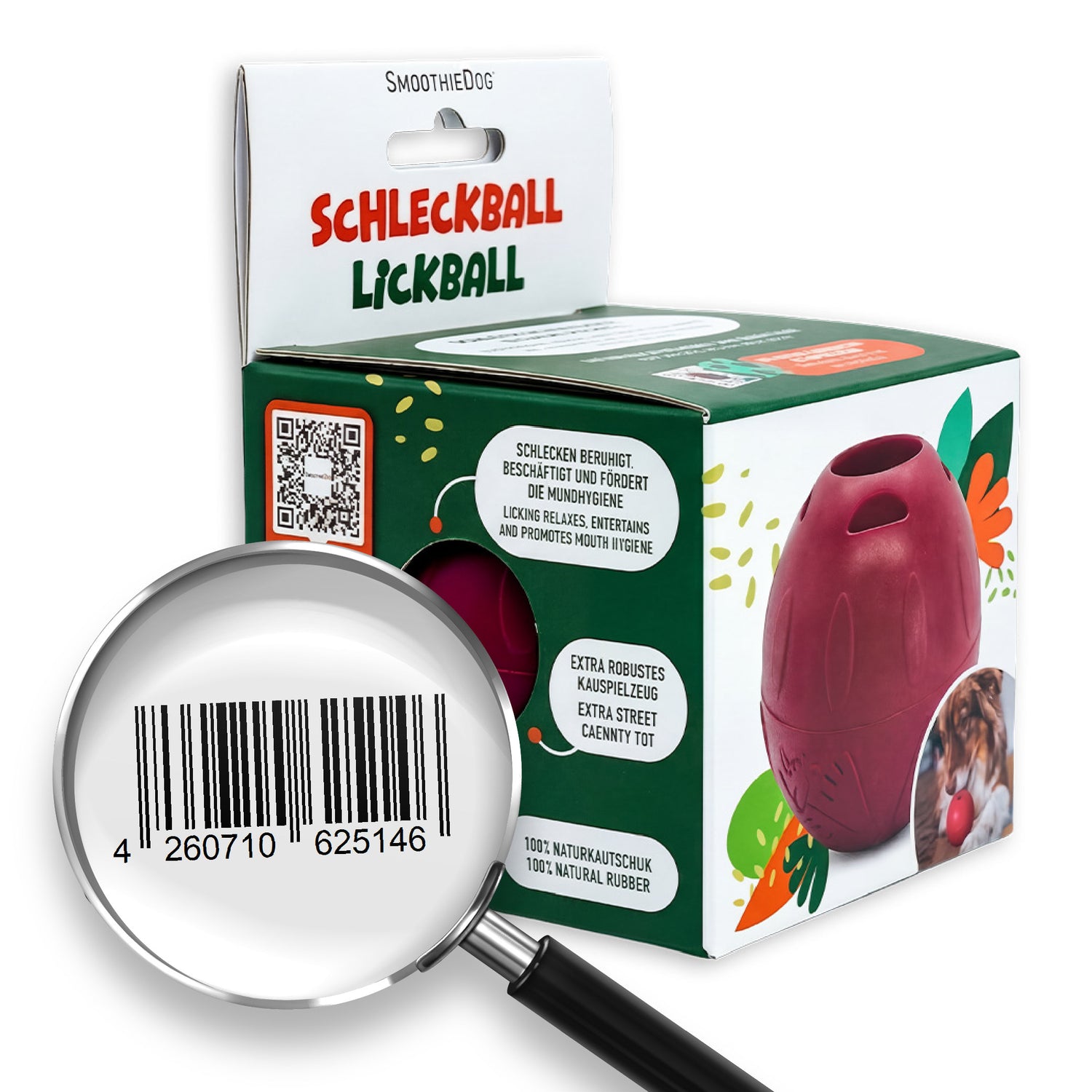 Ein Schleckball Einzeln in seiner Verpackung. Mit einer Lupe wird der EAN Codes des Produktes gezeigt.