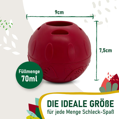 SmoothieDog Schleckball mit Maßangaben – 9 cm breit, 7,5 cm hoch, 70 ml Füllmenge.