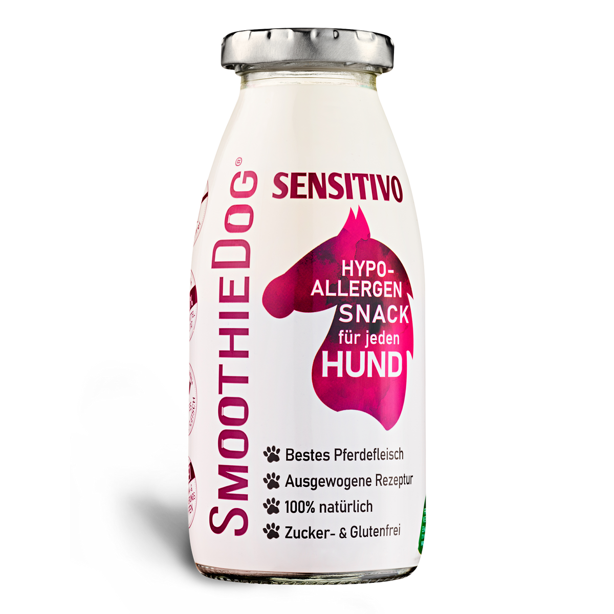 SmoothieDog Sensitivo 250ml: Weiß-rosa Flasche mit Pferdekopf-Symbol – hypoallergener Snack für Hunde mit sensibler Verdauung. Enthält bestes Pferdefleisch, ist 100 % natürlich sowie gluten- und zuckerfrei. Ideal für Ausschlussdiäten und ernährungssensible Vierbeiner.