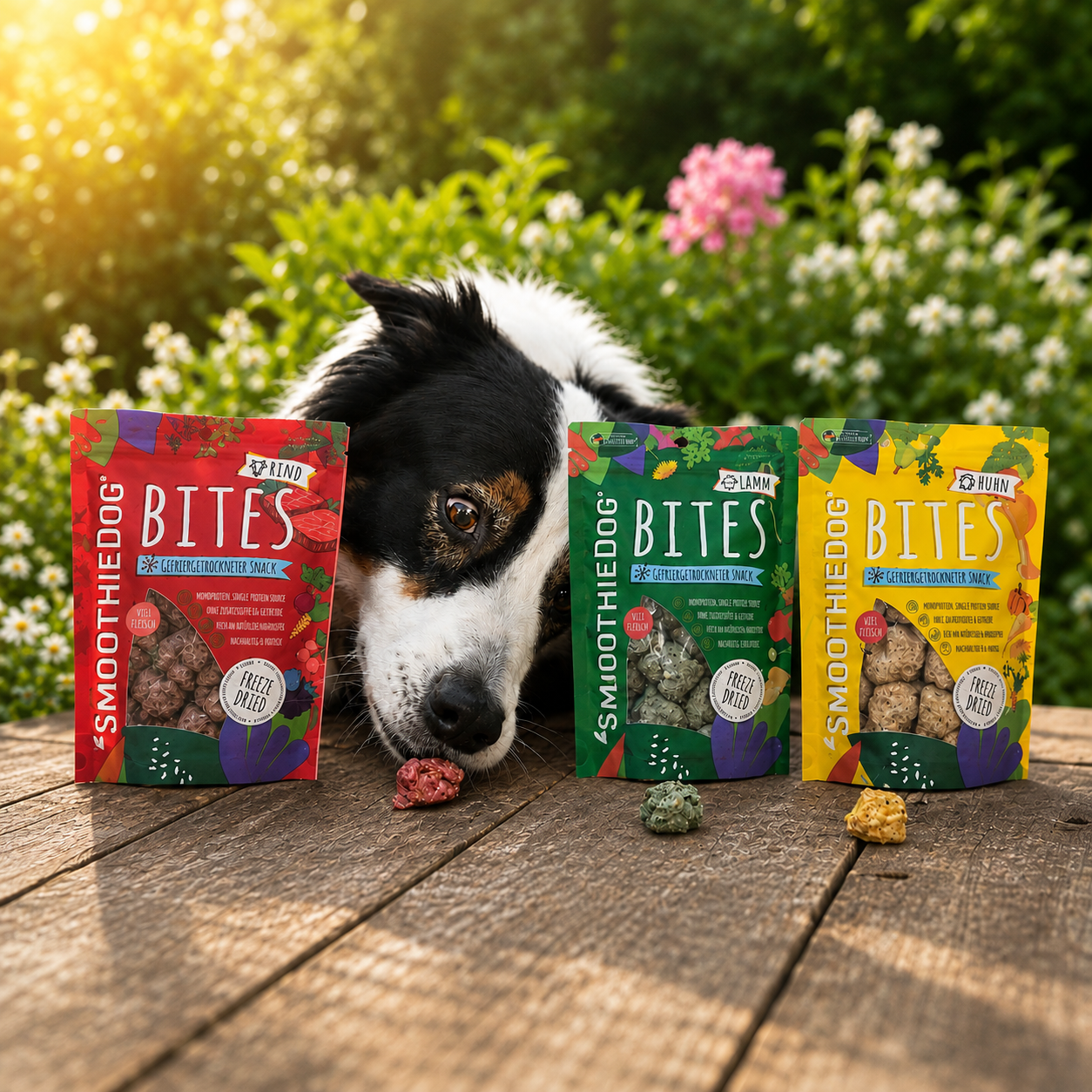 SmoothieDog Bites Klassik in den Packungsgrößen 12er-Pack (12x 40g.) 6er-Pack (6x 40g.) 3er-Pack (3x 40g.) mit den Sorten Rind, Huhn und Lamm in farblich unterschiedlichen Verpackungen. Die gefriergetrockneten Hundesnacks bestehen aus hochwertigen, natürlichen Zutaten und sind klar als einzelne Sorten erkennbar. Ideal als Belohnung oder Snack für unterwegs.