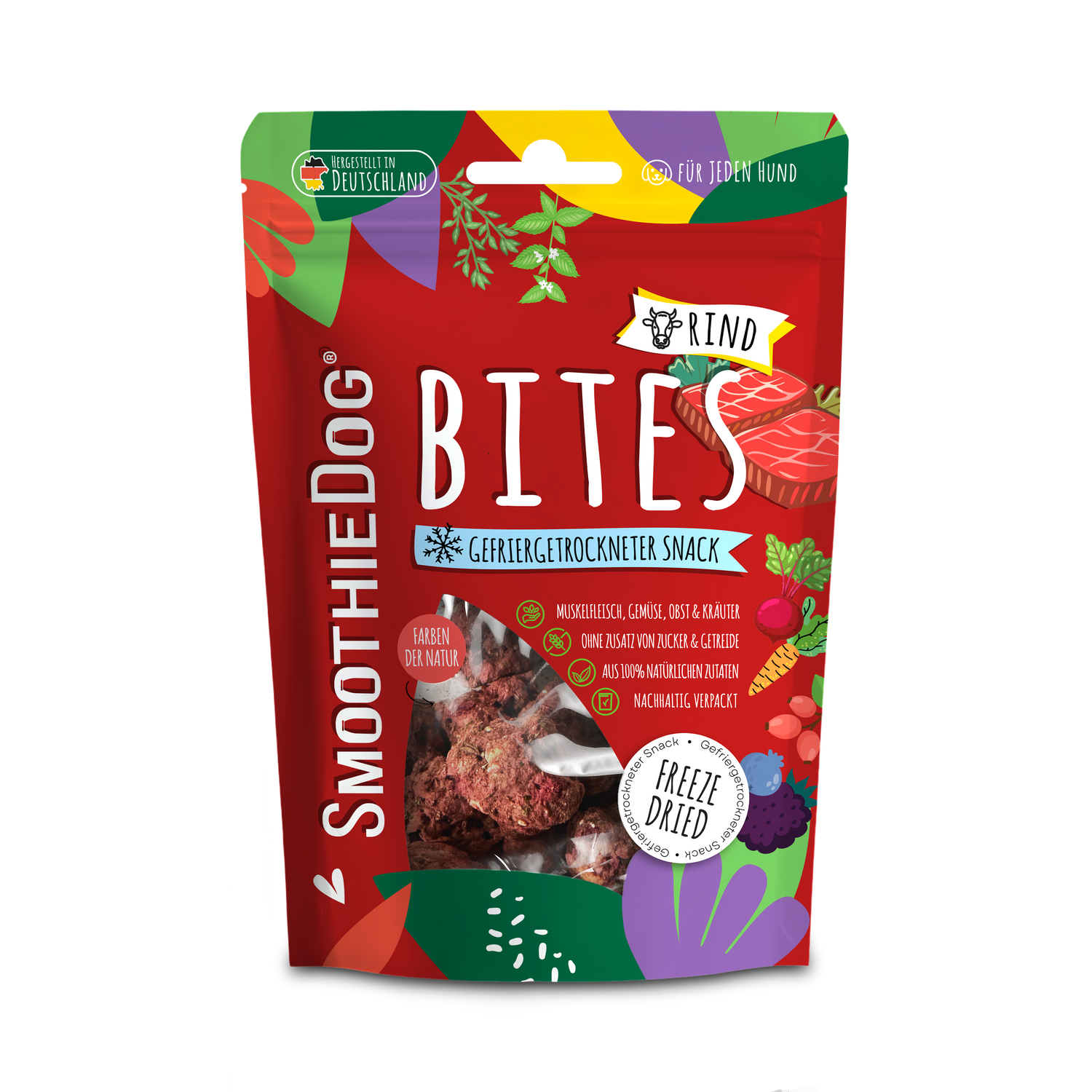 Einzelne gefriergetrocknete Hundesnacks SmoothieDog Bites Rind liegen lose und zeigen Form und Größe der Bites.