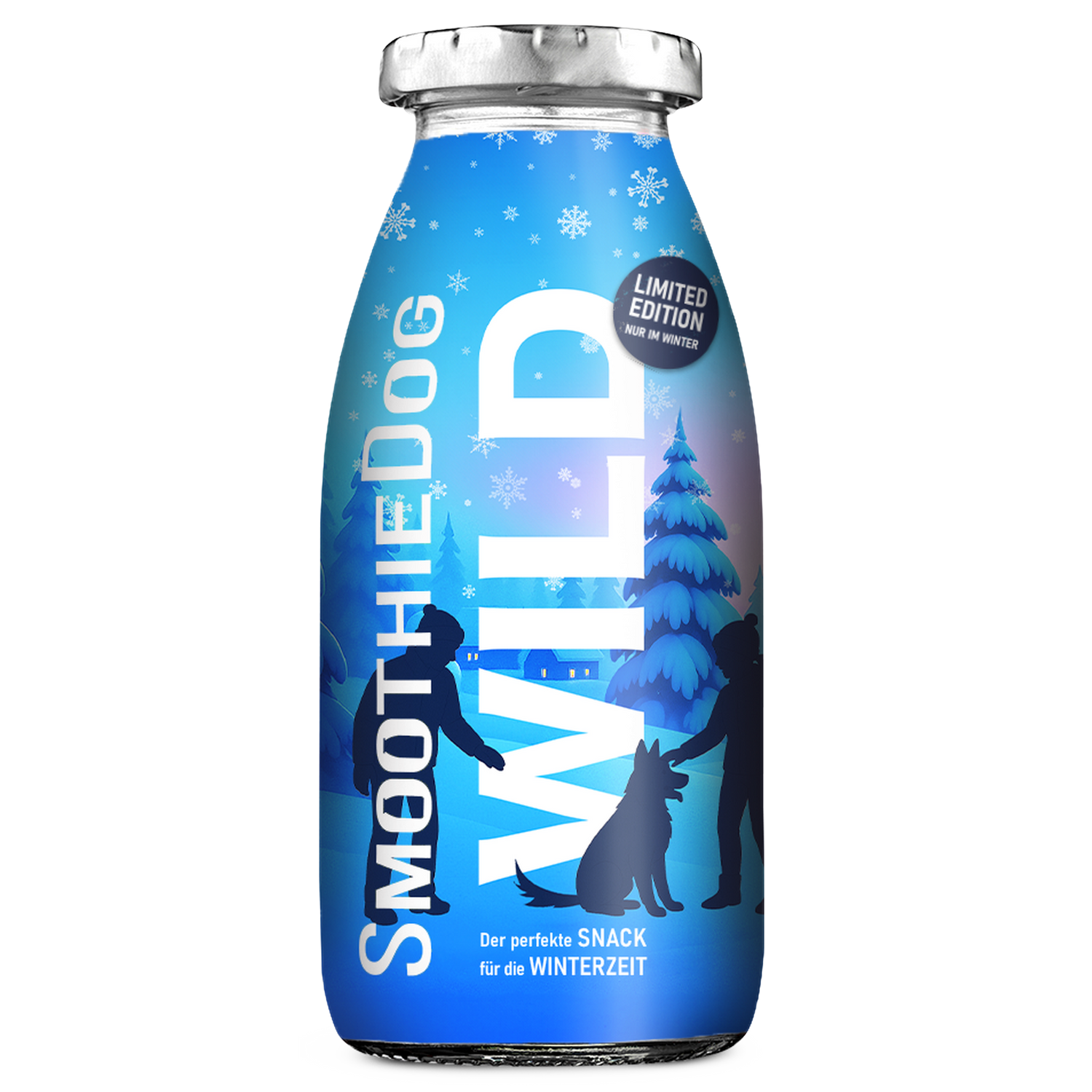 SmoothieDog Winter-Edition Wild 250 ml in einer Glasflasche mit winterlichem Etikett in kühlen Blau- und Lilatönen. Das Motiv zeigt einen verschneiten Wald mit Tannenbäumen und ein spielendes Mensch-Hund-Team in winterlicher Landschaft, darüber Schneeflocken. Auf dem Etikett ist zusätzlich ein Hinweis Limited Edition – nur im Winter platziert. Die Gestaltung vermittelt eine frische, klare Winteratmosphäre.