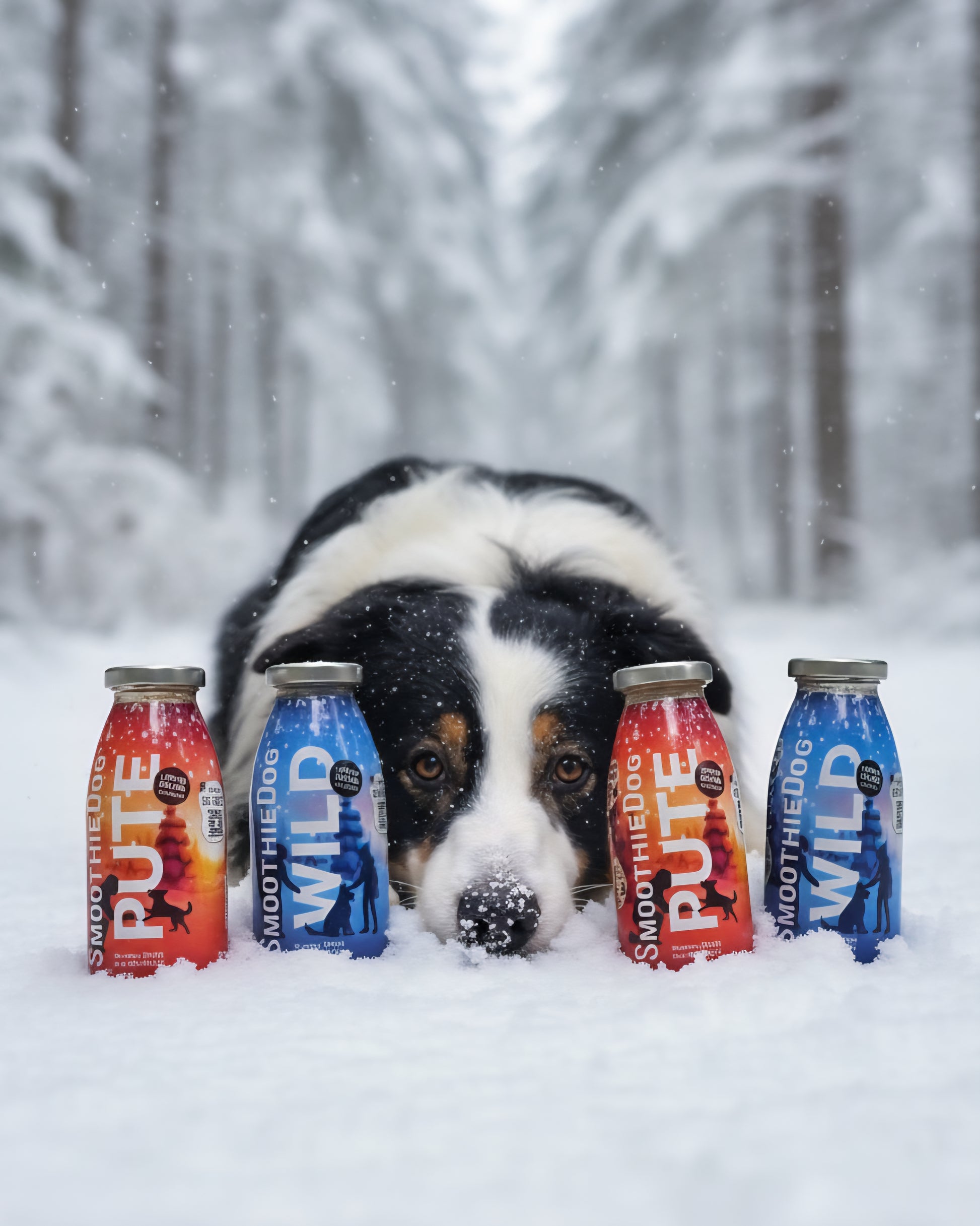 Hund freut sich über die SmoothieDog Winter-Edition 2025 in den Sorten „Wild“ und „Pute“. Im Video werden die limitierten Flaschen gezeigt, geöffnet und dem Hund serviert. Er trinkt begeistert den Smoothie, während winterliche Musik läuft und die Produkte erklärt werden. Verfügbar in er-Pack (3x 250ml.), 6er-Pack (6x 250ml.) und 12er-Pack (12x 250ml.).